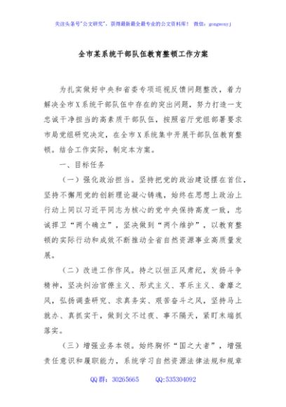 全市某系统干部队伍教育整顿工作方案