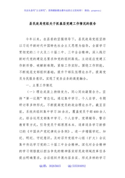 县民政局党组关于抓基层党建工作情况的报告