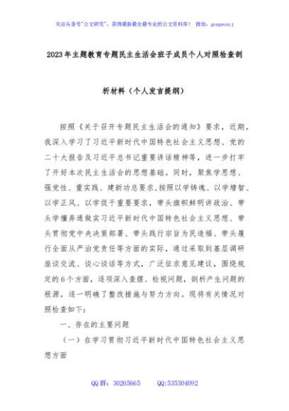  2023年主题教育专题民主生活会班子成员个人对照检查剖析材料（个人发言提纲）