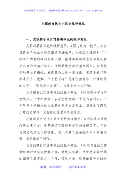 主题教育民主生活会批评意见