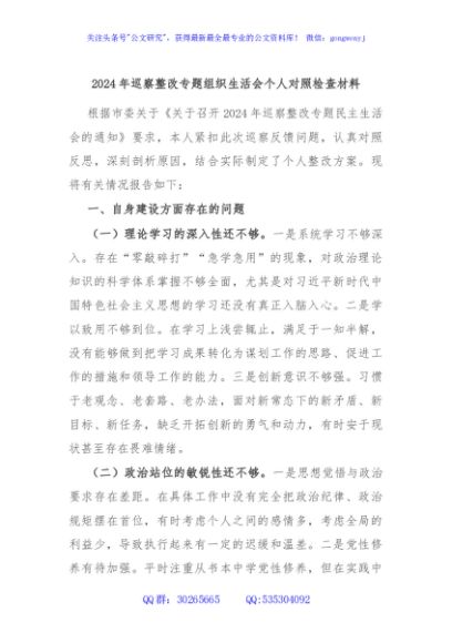 2024年巡察整改专题组织生活会个人对照检查材料