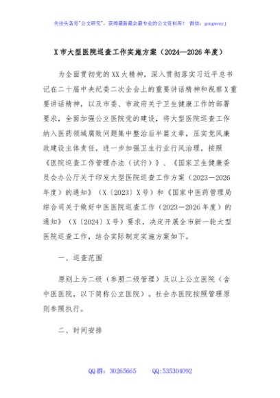 X市大型医院巡查工作实施方案（2024—2026年度）