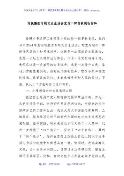 巡视整改专题民主生活会党员干部自我剖析材料