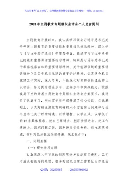 2024年主题教育专题组织生活会个人发言提纲