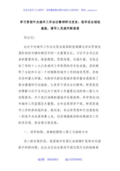 学习贯彻中央城市工作会议精神研讨发言：筑牢安全韧性基座，谱写人民城市新画卷
