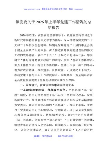 镇党委关于2026年上半年党建工作情况的总结报告