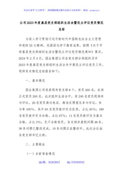 公司2023年度基层党支部组织生活会暨民主评议党员情况总结