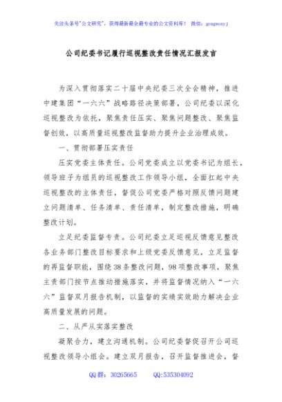 公司纪委书记履行巡视整改责任情况汇报发言