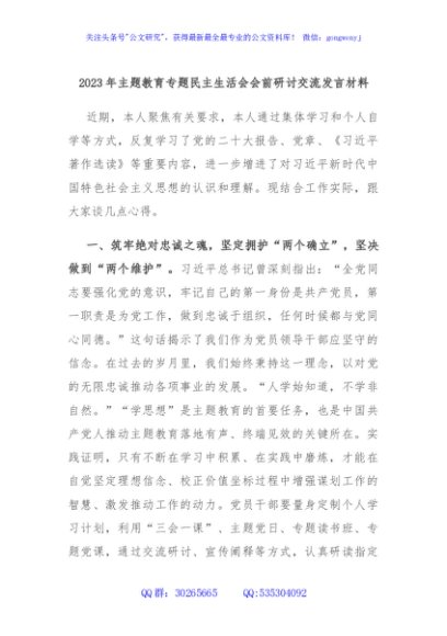 2023年主题教育专题民主生活会会前研讨交流发言材料