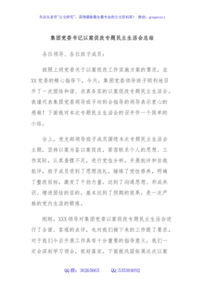 集团党委书记以案促改专题民主生活会总结