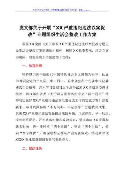 党支部关于开展“XX严重违纪违法以案促改”专题组织生活会整改工作方案