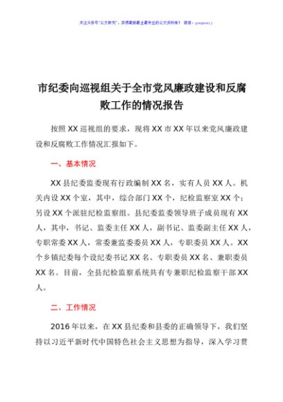 向巡视组关于全市党风廉政建设和反腐败工作的情况报告