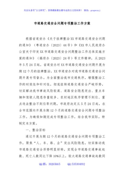 市道路交通安全问题专项整治工作方案