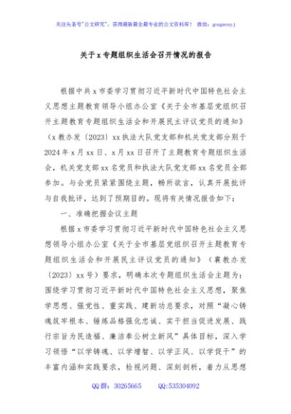 关于x专题组织生活会召开情况的报告