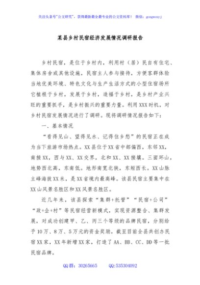 某县乡村民宿经济发展情况调研报告