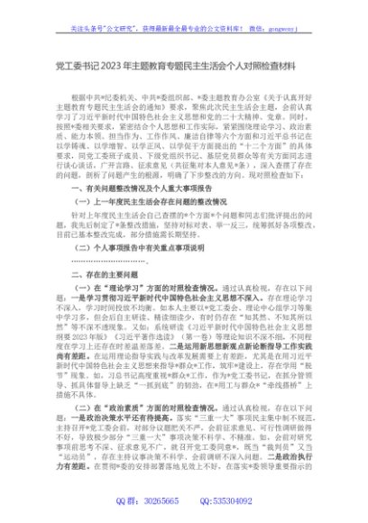 党工委书记2023年主题教育专题民主生活会个人对照检查材料