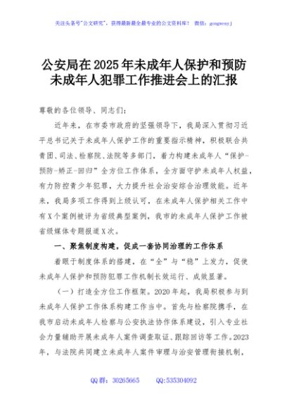 公安局在2025年未成年人保护和预防未成年人犯罪工作推进会上的汇报