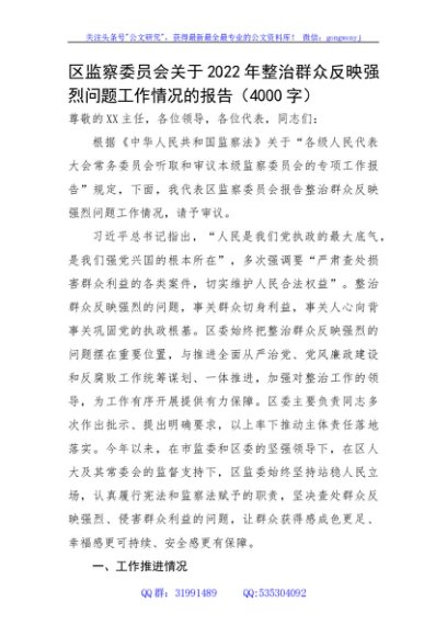 区监察委员会关于2022年整治群众反映强烈问题工作情况的报告