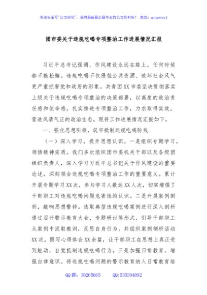 团市委关于违规吃喝专项整治工作进展情况汇报