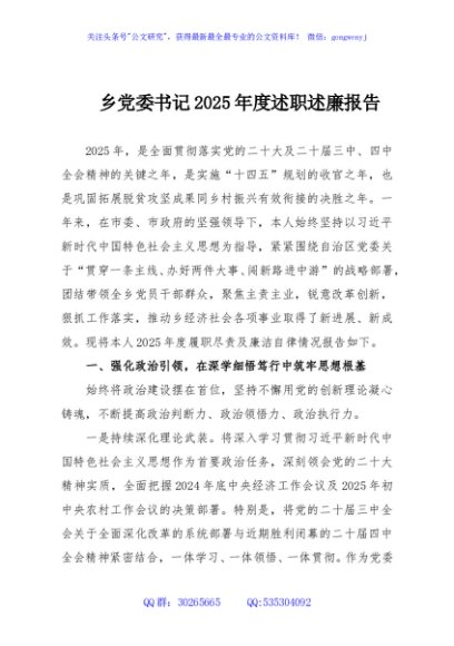 乡党委书记2025年度述职述廉报告