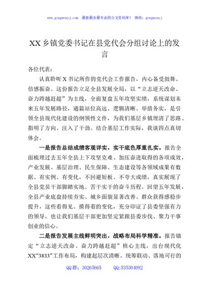 XX乡镇党委书记在县党代会分组讨论上的发言3