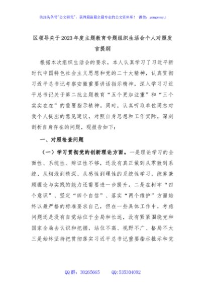 区领导关于2023年度主题教育专题组织生活会个人对照发言提纲