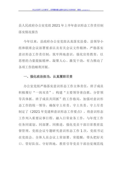 县人民政府办公室党组2021年上半年意识形态工作责任制落实情况报告