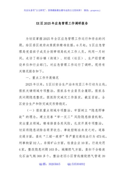 XX区2025年应急管理工作调研报告