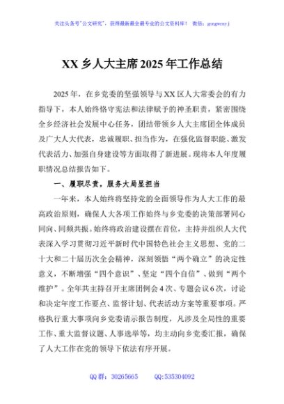 XX乡人大主席2025年工作总结