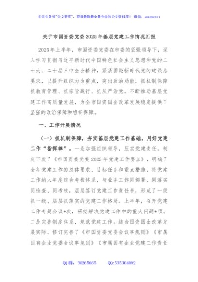 关于市国资委党委2025年基层党建工作情况汇报