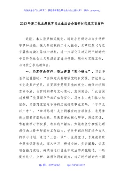  2023年第二批主题教育民主生活会会前研讨交流发言材料