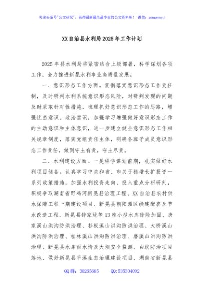 XX自治县水利局2025年工作计划