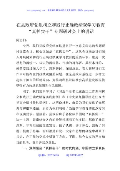 在县政府党组树立和践行正确政绩观学习教育“真抓实干”专题研讨会上的讲话