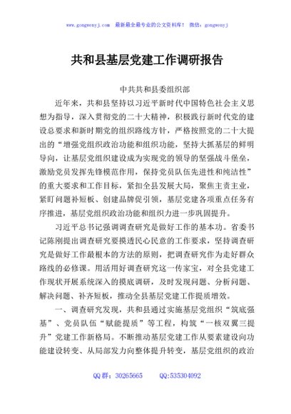 共和县基层党建工作调研报告