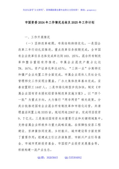 市国资委2024年工作情况总结及2025年工作计划