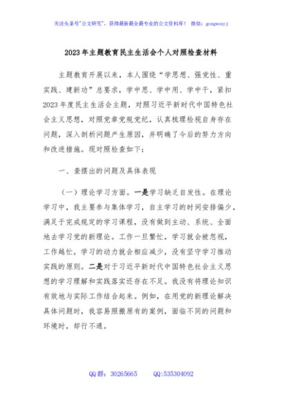 2023年主题教育民主生活会个人对照检查材料