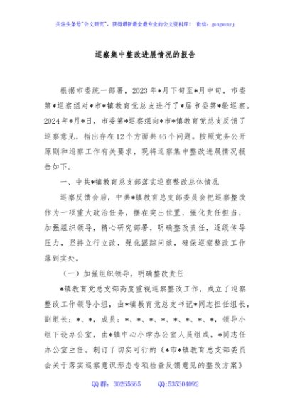 巡察集中整改进展情况的报告