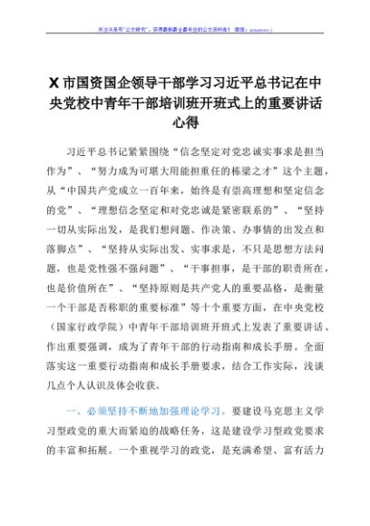 X市国资国企领导干部学习中青年干部培训班开班式上的重要讲话心得