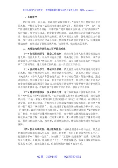 镇2022年度法治政府建设工作进展情况汇报