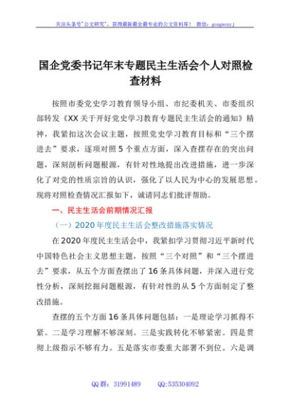 国企党委书记年末专题民主生活会个人对照检查材料（五个带头）