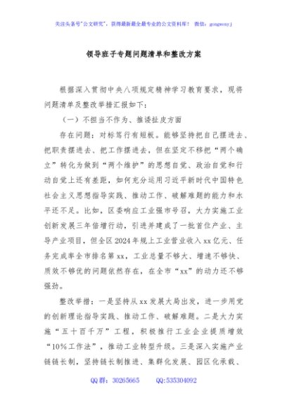 领导班子专题问题清单和整改方案