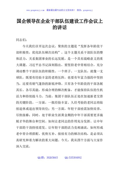 国企领导在企业干部队伍建设工作会议上的讲话