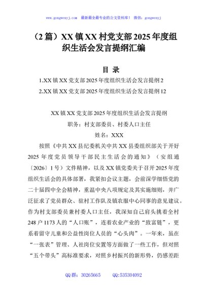 （2篇）XX镇XX村党支部2025年度组织生活会发言提纲汇编