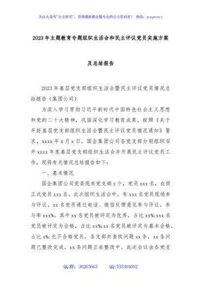 2023年主题教育专题组织生活会和民主评议党员实施方案及总结报告