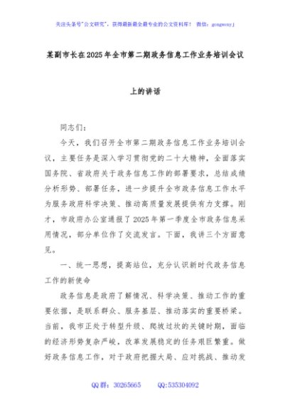 某副市长在2025年全市第二期政务信息工作业务培训会议上的讲话