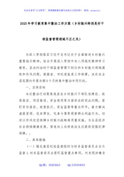 2025年学习教育集中整治工作方案（乡村振兴特别是村干部监督管理领域不正之风）
