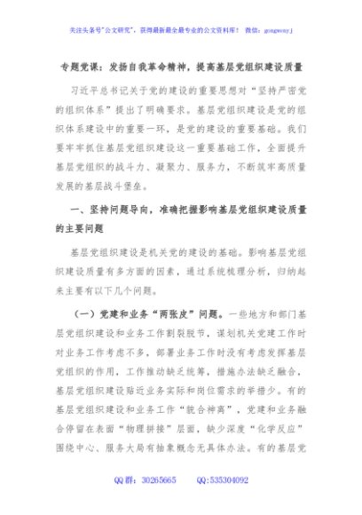 专题党课：发扬自我革命精神，提高基层党组织建设质量