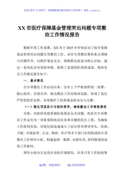 XX市医疗保障基金管理突出问题专项整治工作情况报告