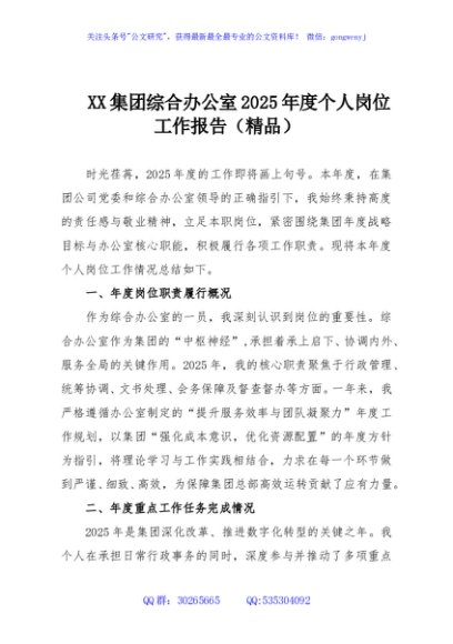 XX集团综合办公室2025年度个人岗位工作报告（精品）