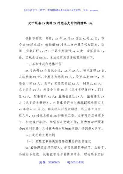 关于巡察xx街道xx村党总支的问题清单（4）